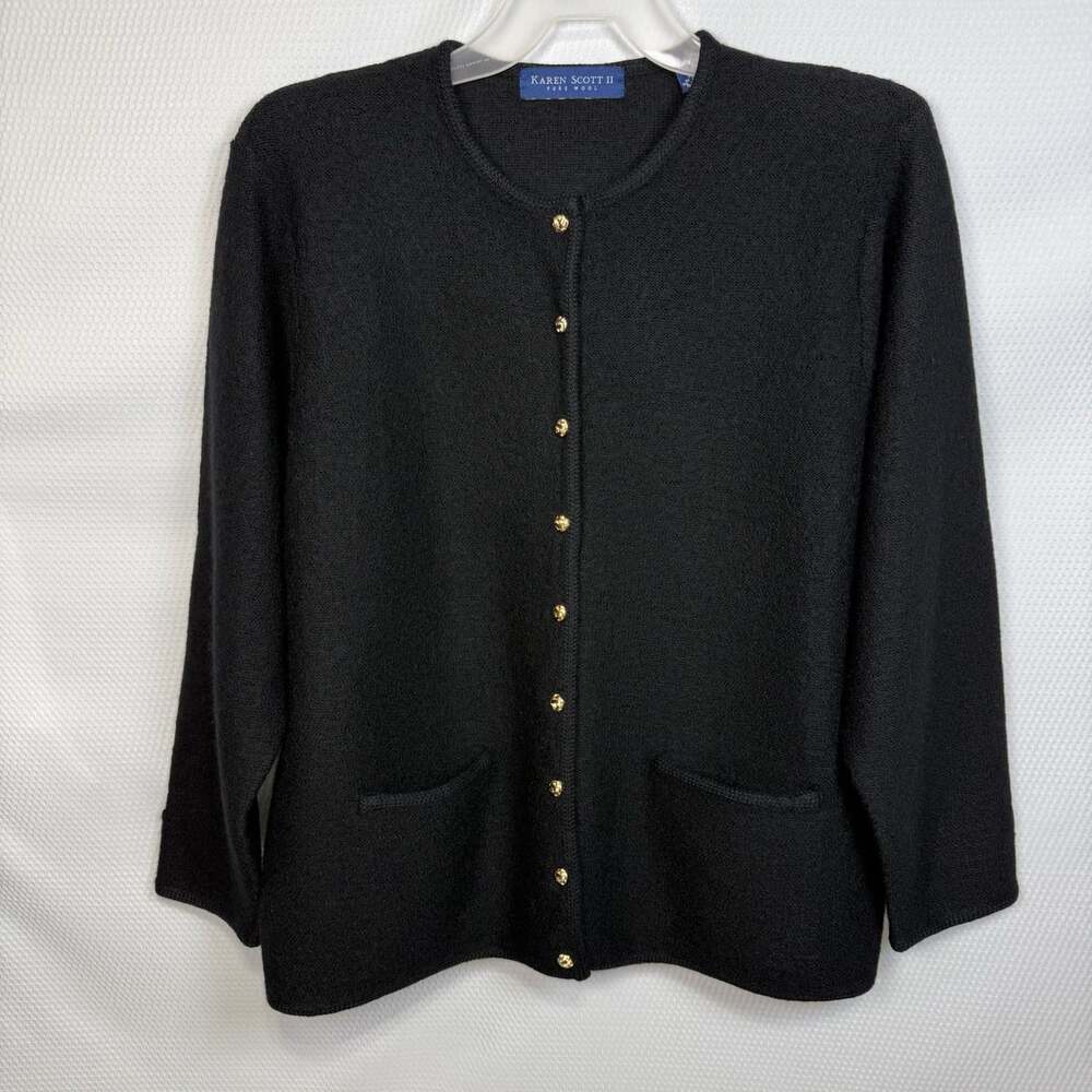 Karen Scott Vintage Pure Wool Black Cardigan Sweater Gold Knot Buttons Plus 2X